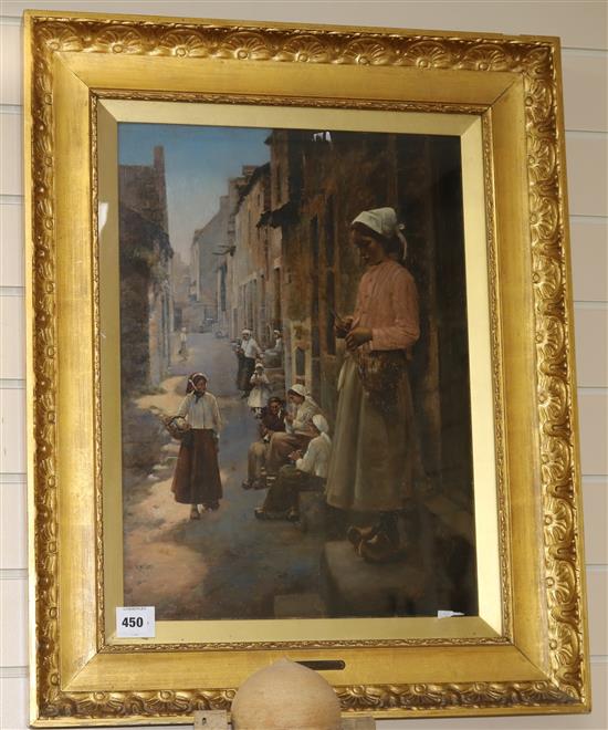 After Stanhope Forbes, overpainted print, A street in Brittany, 53 x 38cm